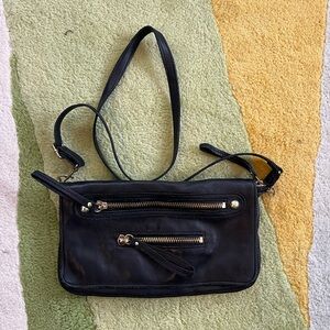 Linea Pelle Leather Crossbody Shoulder Bag Black Studded Small Gold Strap